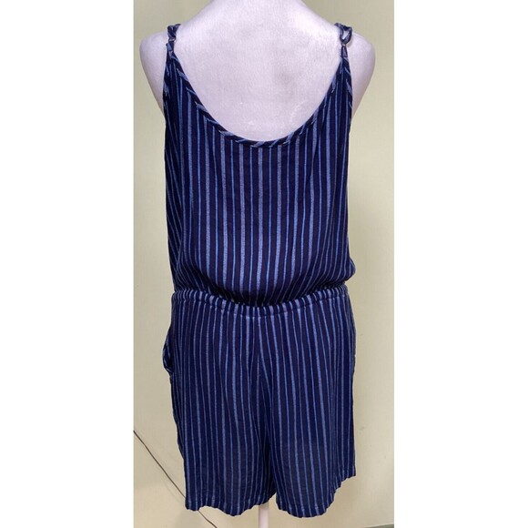 Loft Blue Striped Linen Blend Drawstring Waist Adjustable Strap Romper Size L - Picture 6 of 10